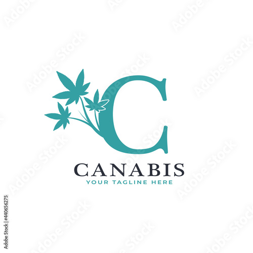 Letter C Green Canabis Logo Alphabet With Medical Marijuana Leaf. Usable for Business, Science, Healthcare, Medical and Nature Logos.