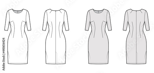 Dress sheath technical fashion illustration with elbow sleeves, fitted body, knee length pencil skirt. Flat apparel front, back, white, grey color style. Women, men unisex CAD mockup