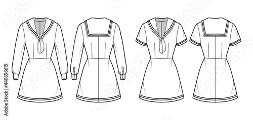 Set of Dresses sailor technical fashion illustration with short long sleeves, fitted body, middy collar, stripes, mini length pencil skirt. Flat front, back, white color style. Women, men CAD mockup
