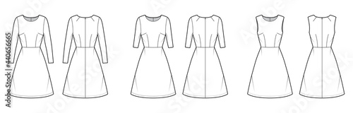 Set of Dresses A-line technical fashion illustration with long elbow short sleeves sleeveless, fitted body, knee length skirt. Flat apparel front, back, white color style. Women, men unisex CAD mockup