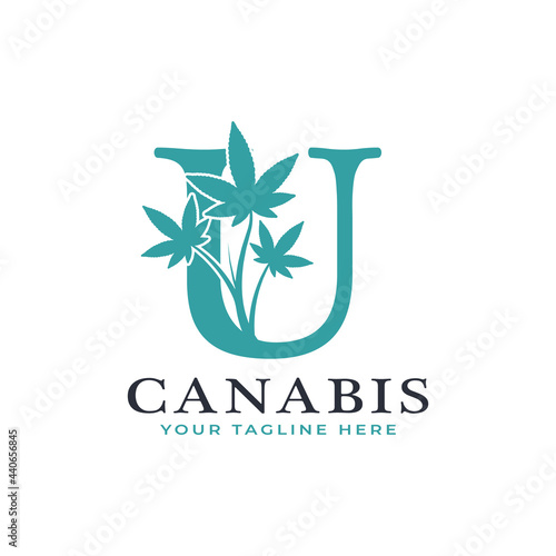 Letter U Green Canabis Logo Alphabet With Medical Marijuana Leaf. Usable for Business, Science, Healthcare, Medical and Nature Logos.