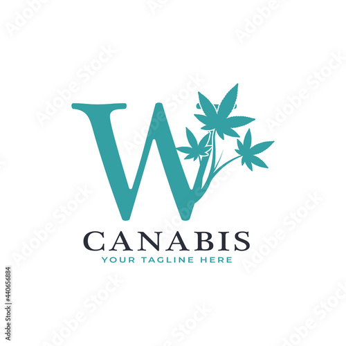 Letter W Green Canabis Logo Alphabet With Medical Marijuana Leaf. Usable for Business, Science, Healthcare, Medical and Nature Logos.