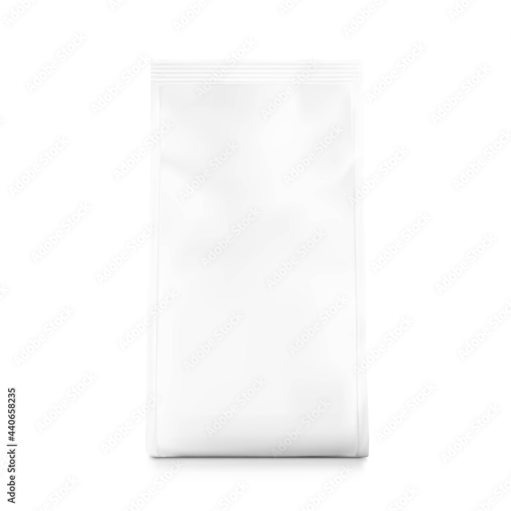Quad seal bag with vertical gussets. Frontal view. High realistic detail. Ready for your design. Suite for the presentation of coffee, food, for pets, household, etc. EPS10. Quad seal bag with vertical gussets. Frontal view. High realistic detail. Ready for your design. Suite for the presentation of coffee, food, for pets, household, etc. EPS10.