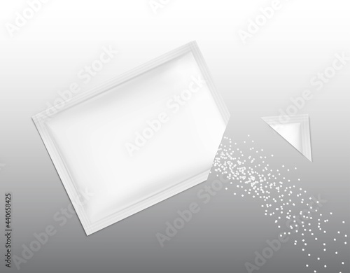 Blank torn sachet packaging mockup. Vector illustration. Front view. Can be use for template your design, presentation, promo, ad. EPS10.	