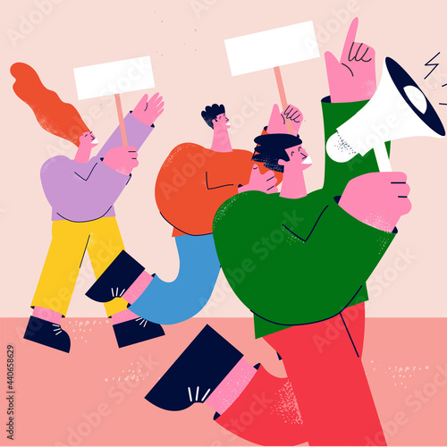 Protest, demonstration, parade concept. Group of activists, strike concept, people protesting, group of people in action flat colorful vector illustration poster