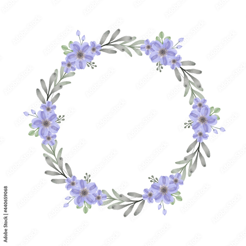 circle frame with set of purple and blue floral watercolor, purple wreath