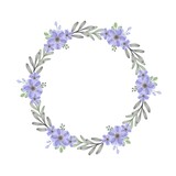circle frame with set of purple and blue floral watercolor, purple wreath
