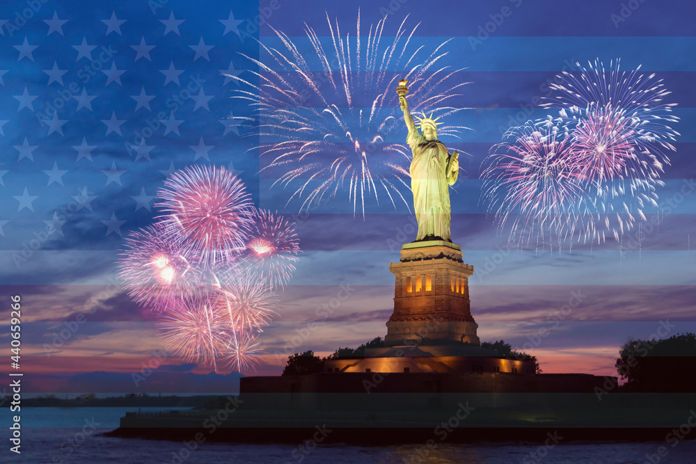 fireworks behind the statue of liberty for independence day, american flag in transparency - obrazy, fototapety, plakaty 