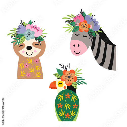 set of isolated floral zebra, sloth, parrot