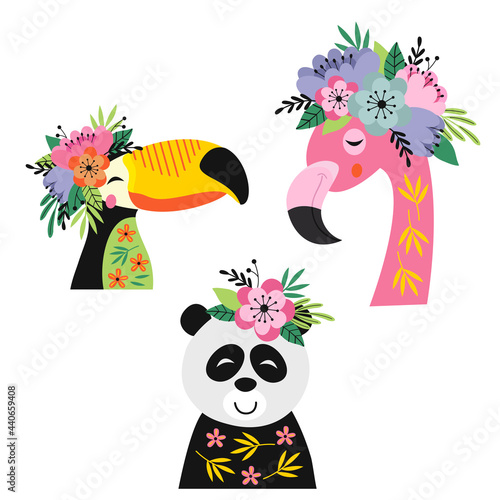 set of isolated floral toucan, flamingo, panda
