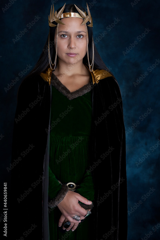 green velvet medieval dress Photography Poster woman wearing a and velvet cloak drop:SS26 VACATION DROP