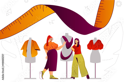 Clothes designer studio web concept. Fashion designer service, tailoring to order. People scene with flat line characters design for website. Vector illustration for social media promotional materials