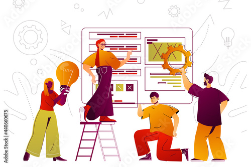 Teamwork web concept. Colleagues work together, brainstorm and collaboration. People scene with flat line characters design for website. Vector illustration for social media promotional materials