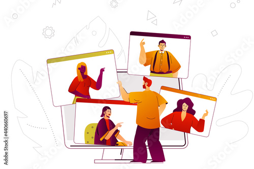 Video conference web concept. Online business meeting or video calling of friends. People scene with flat line characters design for website. Vector illustration for social media promotional materials