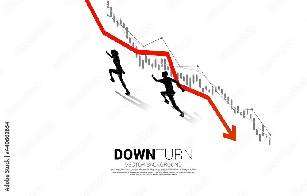 silhouette of businessman running opposite direction with downturn graph. Concept for fail and accidental business