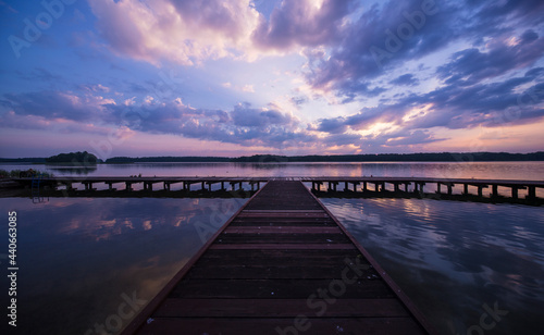 Fototapeta Naklejka Na Ścianę i Meble -  Whole view Mazury lakes in Poland just before daybreak / after dawn. Wide angle Landscape scene.