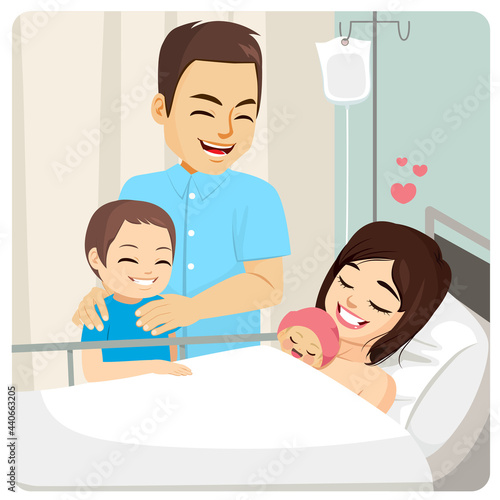 Family at hospital visiting mother with newborn baby girl second child concept