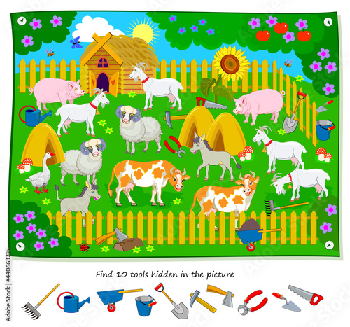 Logic puzzle game for kids. Find 10 tools hidden in the picture. Educational page for children. Developing counting skills. Play online. IQ test. Task for attentiveness. Cartoon vector illustration.