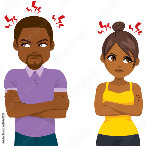 Angry black couple ignoring each other looking away upset after fight quarrel concept