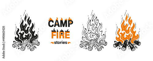 Wood Campfires and Campfire Stories inscription. Outdoor Bonfire. Fire Flames and Wooden Logs. Burning Firewood or Fireplace Vector Set of Outline and Silhouettes Drawing.