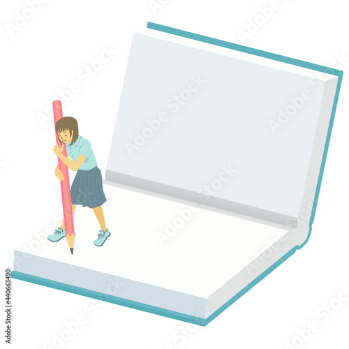 アイソメトリック 本に書き込む夏服の女子学生のイメージ ベクターイラスト
