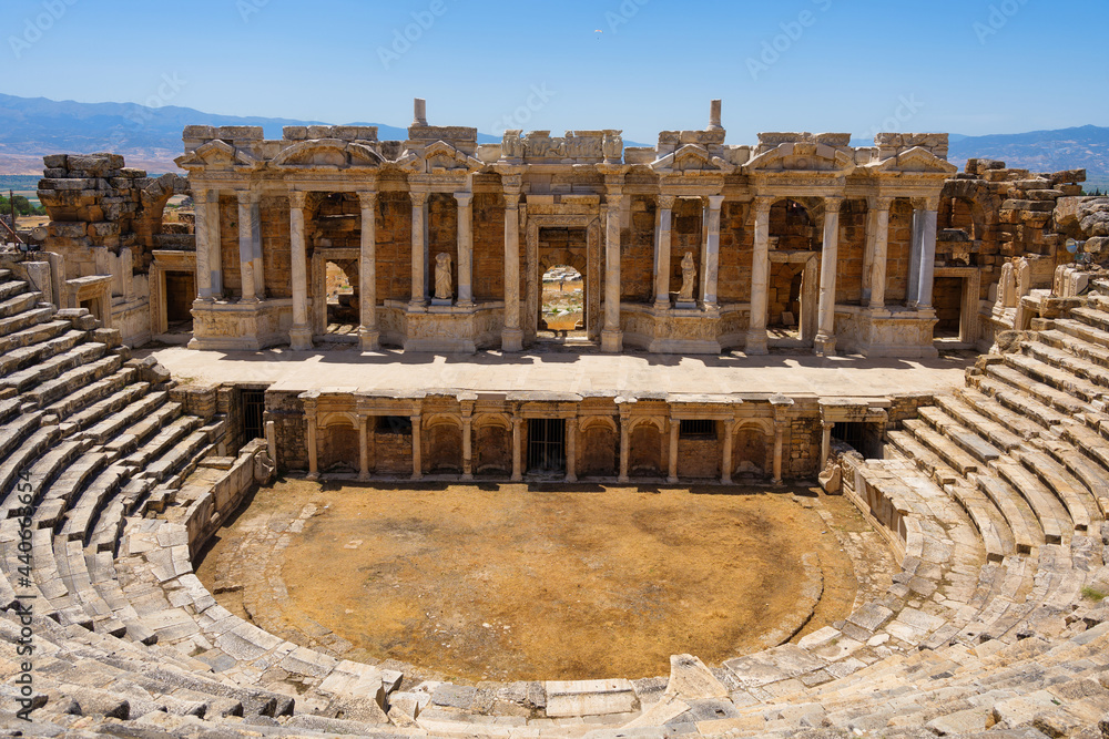 Hierapolis, Pammukale, Turkey. Ancient amphitheater. Panoramic landscape in the daytime. UNESCO Heritage Site. Historic Site. A vacation and tourism destination.