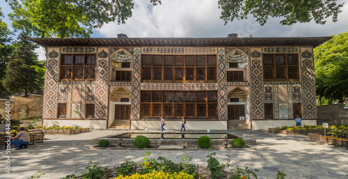 SHEKI, AZERBAIJAN - JUNE 11, 2018: Palace of Khans (Xan Sarayi) at Sheki fortress, Azerbaijan