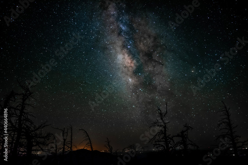 Stars and milky way galaxy shot from peak of mountain at night photo