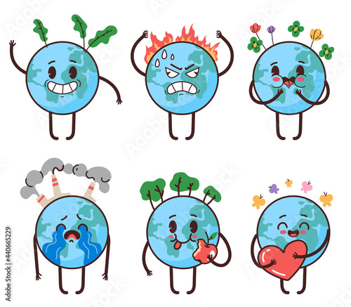 Planet earth mascot character having different emotions, love, happy, angry, cry. Happy Earth day stickers isolated set. Vector flat cartoon graphic illustration