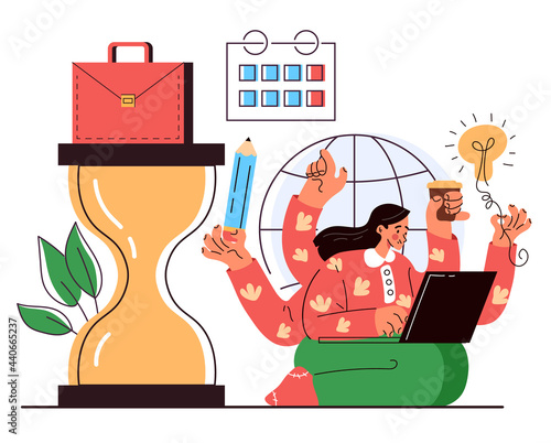 Business woman office worker character having many hands and working. Multitasking time management concept. Vector flat cartoon graphic illustration
