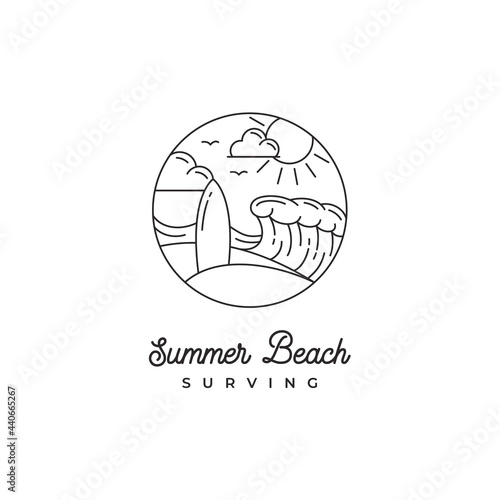 Line art Surfing logo design . Surfer logo template. Surf Badge. Summer fun. Surfboard elements. Outdoors activity - boarding on waves.