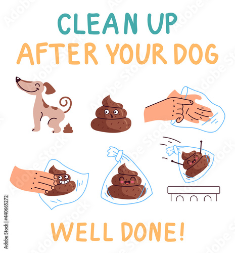 Clean up after your dog information instruction isolated set. Vector flat cartoon graphic illustration