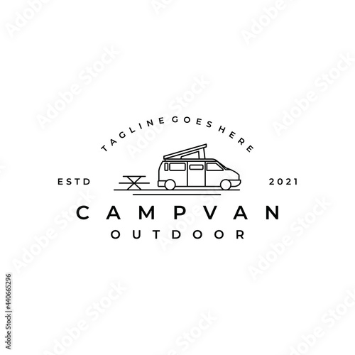 Line art Camper van logo, emblems and badges. camping tent and forest silhouette. Recreational vehicle illustration