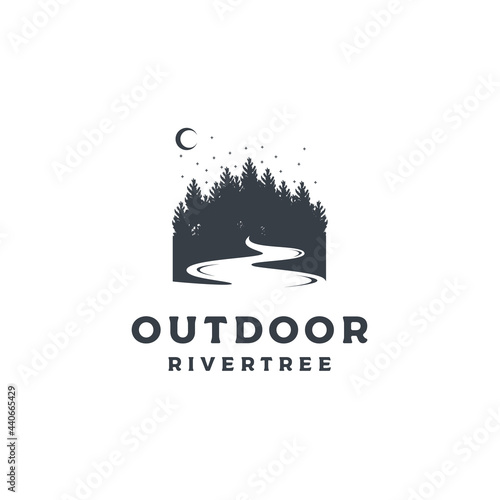 Vintage Pine Forests with River Illustration Hand Drawing Logo Design Vector
