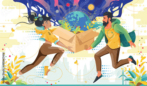 Kolorowa ilustracja młoda kobieta i mężczyzna trzymają w dłoniach przesyłkę w której jest Ziemia. ekologiczna przesyłka, Eko dostawa zakupów. photo