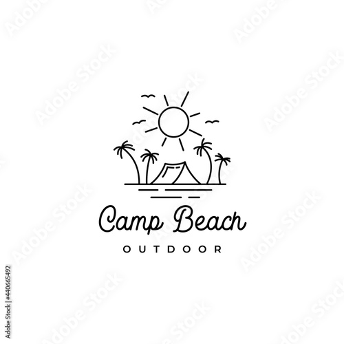 Line art summer beach camping recreation logo design