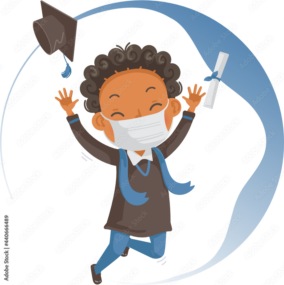 Fototapeta premium Black hair boy graduate. Kid mask jumping. illustration concept for prevention of coronavirus covid-19 outbreak