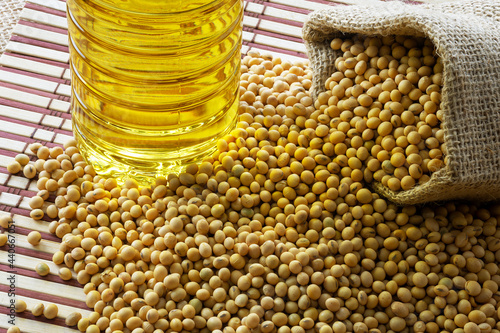 soy oil with soy beans on the table
