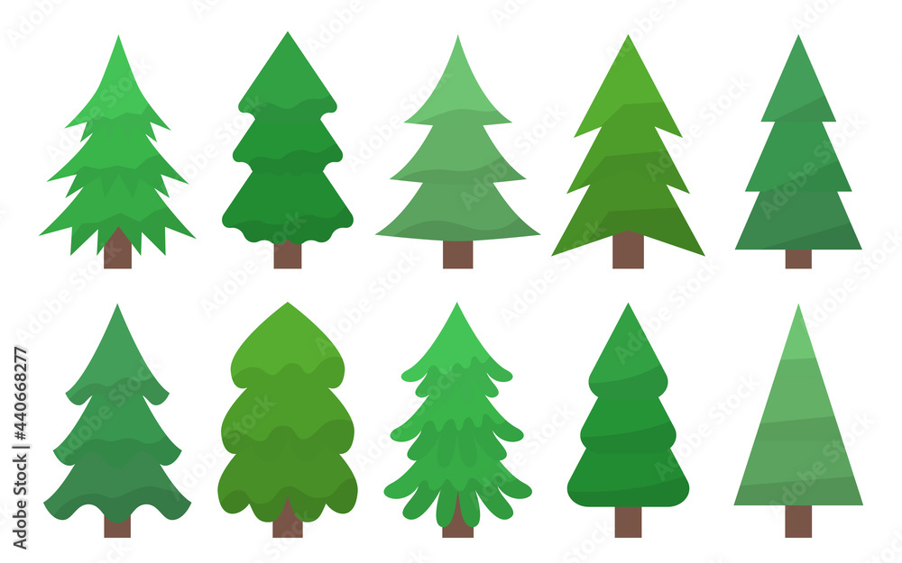 Trees in cold green shades vector flat. Symmetrical Christmas trees in real and abstract shapes. Spruce and pine, fir. Greeting card, winter holidays Christmas, New Year. Wrapping paper for gifts.