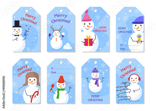Snowmen set of stickers on white isolated background. Each sticker has a snowman in a hat, scarf, garland, confetti, ice cream, gift, snow. Greeting labels. Price. Merry Christmas. Vector flat style