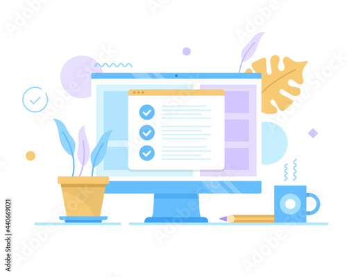 Checklist, online survey. Vector illustration. Computer with check marks on screen. Complete task, agreement, quality control, electronic voting, questionnaire concepts