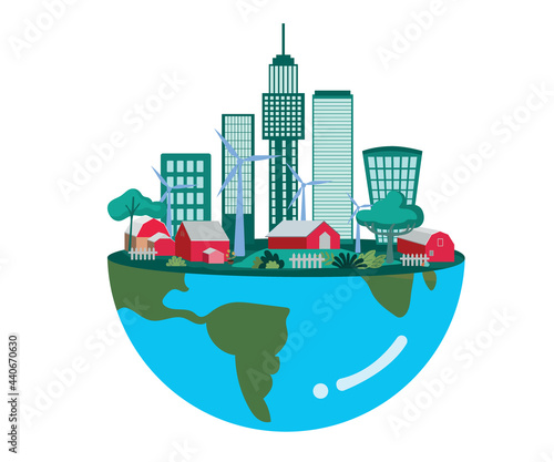 Flat illustration. Half the world is a city with green buildings and trees with wind turbines generating electricity.