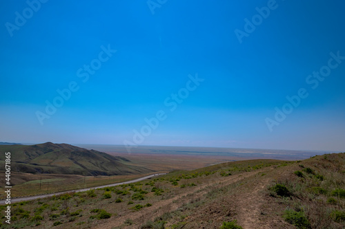 Landscape on the steppe from the height of the mountain range