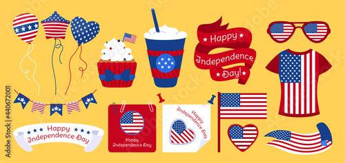 American Independence Day flat set. Flags ribbon, tshirt, pennant garland, glass coffee, muffin, paper note clips buttons, glasses, balloon strip tape. American patriot design USA kit. Isolated vector