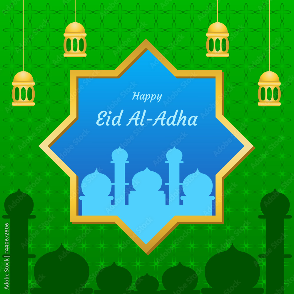 Eid al-Adha greeting design in green and blue colors. mosque silhouette design. designs for cover and poster templates