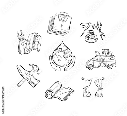 Hand drawn icons for clothing, shoe repairs, laundering, and draperies.