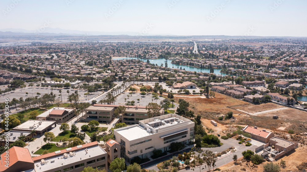 Aerial view of the downtown skyline of Moreno Valley, California.