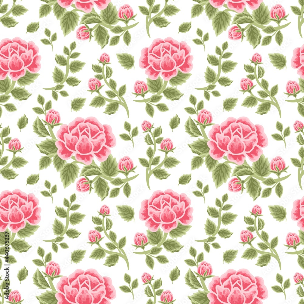 Vintage floral seamless pattern of red rose bouquet, flower buds and leaf branch illustration arrangements for fabric, textile, women fashion, gift paper, feminine and beauty products