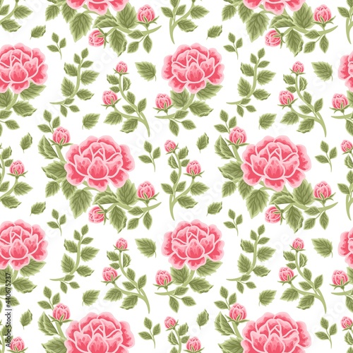 Vintage floral seamless pattern of red rose bouquet, flower buds and leaf branch illustration arrangements for fabric, textile, women fashion, gift paper, feminine and beauty products