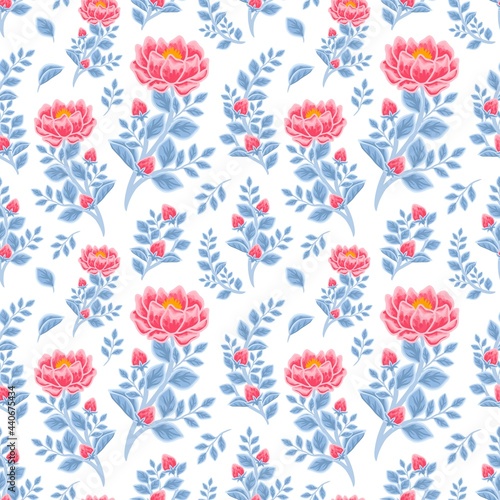 Vintage winter floral seamless pattern of red peony flowers and blue leaf branch vector illustration arrangements for fabric, textile, women fashion, gift paper, feminine and beauty products